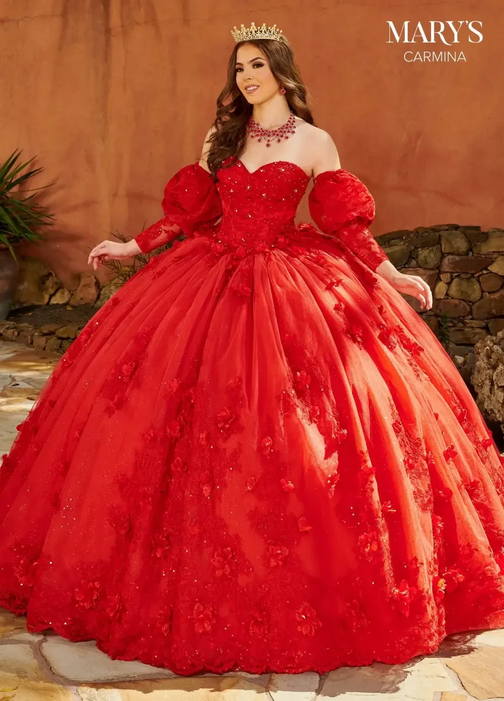 model is wearing a red strapless quince dress