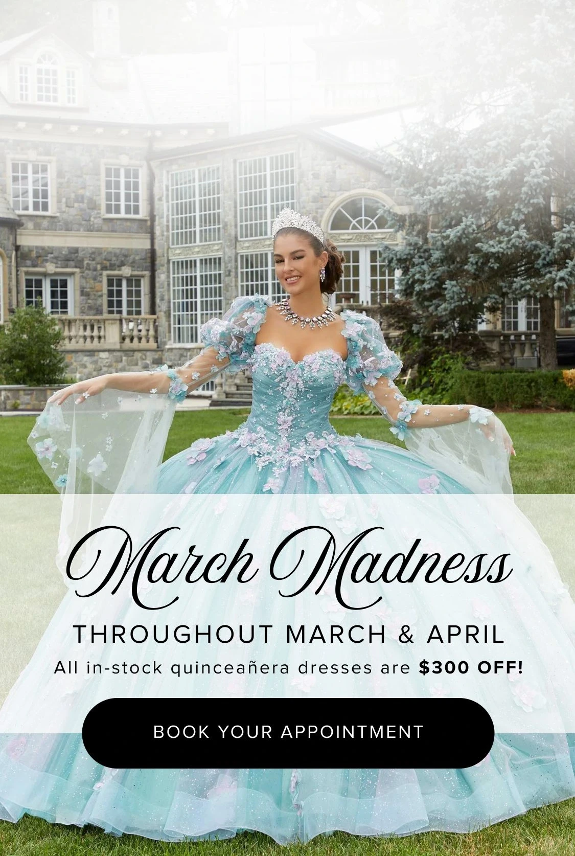 Model wearing quinceanera gown, March Madness mobile banner