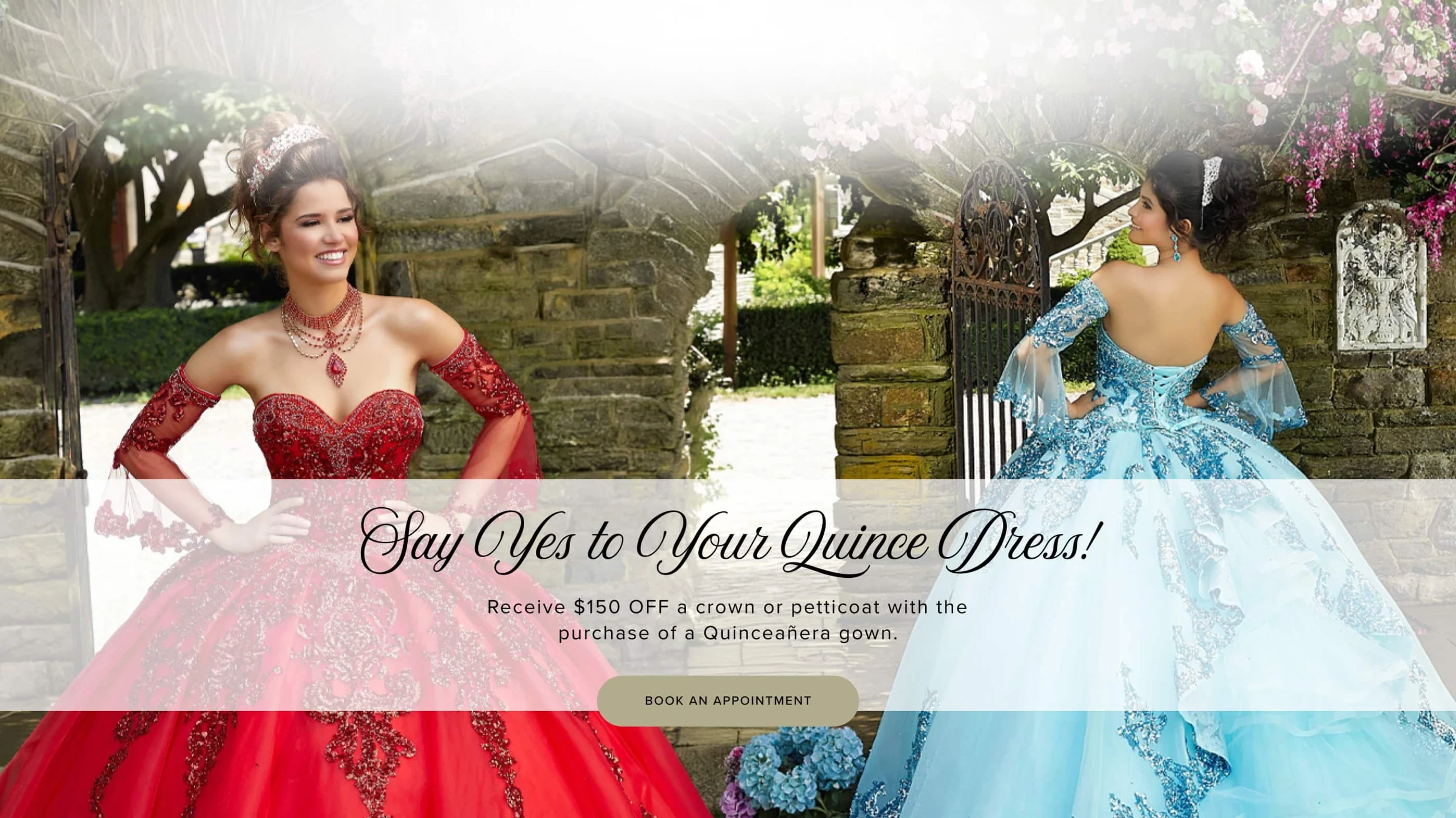 models wearing quinceanera gowns, desktop banner